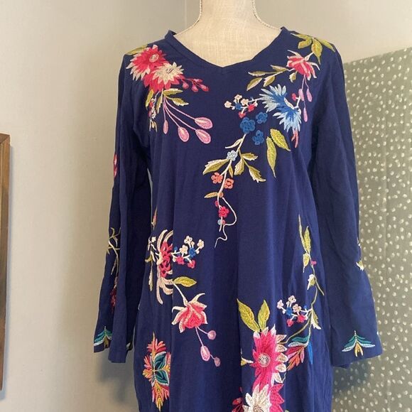 Johnny Was Blue Embroidered Julie Kimono Sleeve Tee Dress Size Small - Picture 2 of 7
